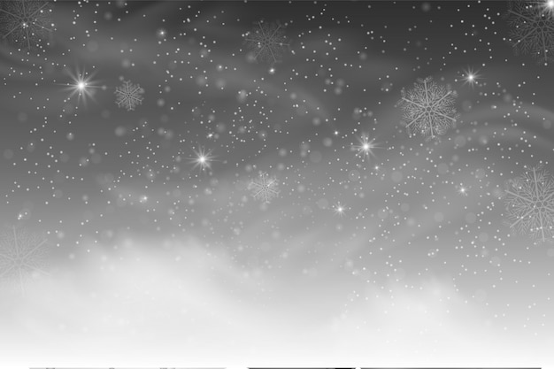 Falling snow isolated on dark background. Snowflake transparent decoration effect. Magic white snowfall texture. Winter snowstorm