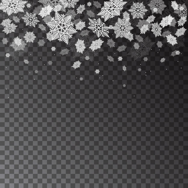 Falling snowflakes  on transparent  background. Christmas  winter snowfall.  Xmas vector snow texture.