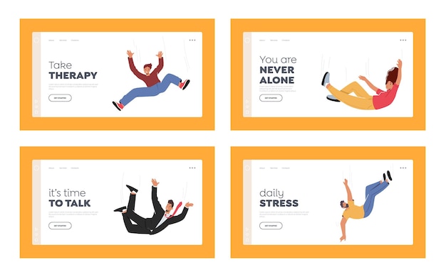 Falling Unhappy Characters Landing Page Template Set. Shocked People Fall Down due Stumbling, Slipping, Accident