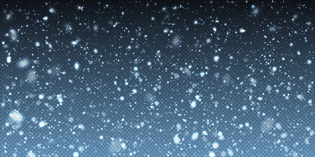 Falling winter christmas realistic snow on transparent background. Bokeh lights and flying snowflakes in the air. Overlay texture of winter Snowstorm.  heavy snowfall, snowflakes