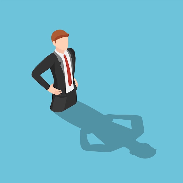 Falt 3d Isometric Businessman Drowning in His Shadow. Business Failure and Ego Concept.