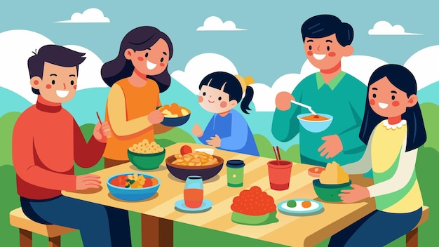 Families gather around picnic tables enjoying a shared meal of fragrant rice tender meats and