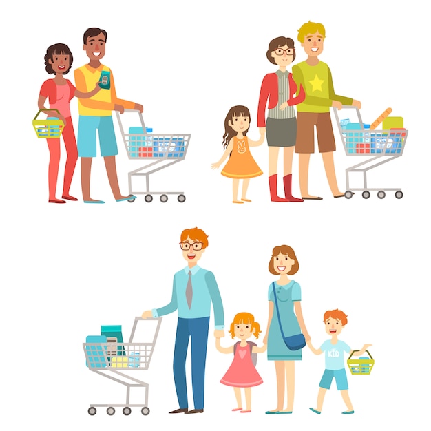 Families With Shopping Carts In Supermarket