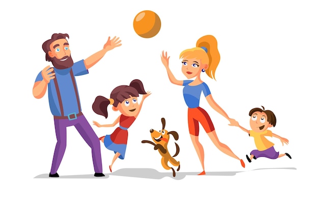 Family active holidays happy parents with kids during playing ball Young familyCartoon vector illustration