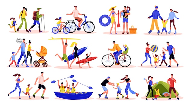 Family active holidays set of isolated sport equipment icons and human characters of adults with children vector illustration