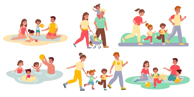 Family activities Happy people and kids outdoor spending time together parents with children walking beach and roller skates picnic and sport Parenthood concept vector isolated set