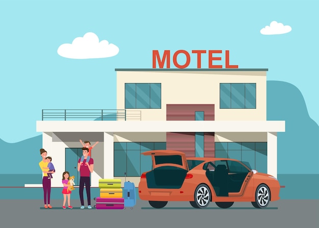 The family arrives at the motel and unloads their luggage from the trunk of their car.  flat style illustration.