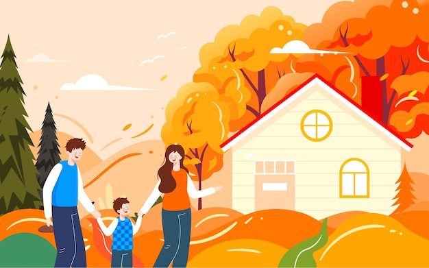 Family Autumn Outing Illustration Autumn characters outdoor activities travel poster