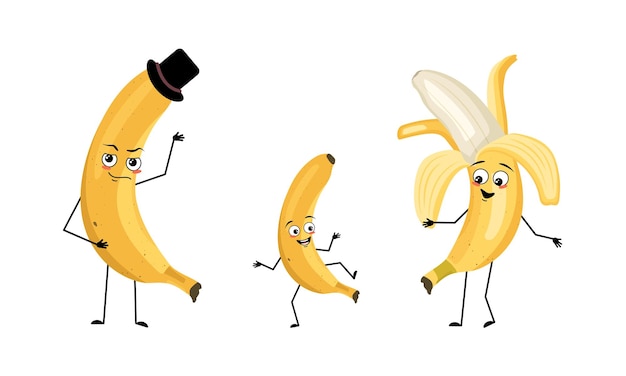 Family of banana fruit characters with happy emotions smile face happy eyes arms and legs Mom is happy dad is wearing hat and child is dancing Vector flat illustration