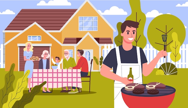 Family on BBQ party on the backyard of the house smiling and eating. Cooking tasty barbeque on grill with family and friends.  illustration 