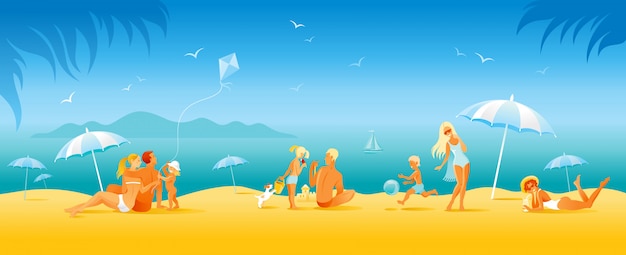 Family beach vacation banner. Summer sea travel background in cartoon style. People fun illustration. Happy woman, man, children, kid with sunny beach landscape pattern. Outdoor lifestyle