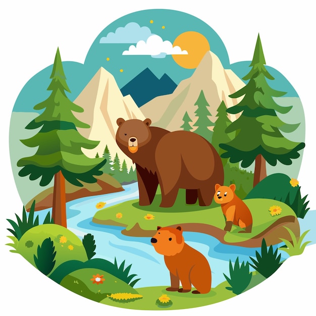 A Family of Bears in a Mountain Forest Landscape