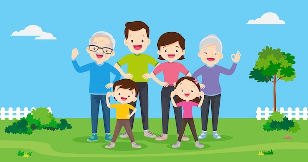 family Big happy family exercising together with HEALTHY Word letter in public park