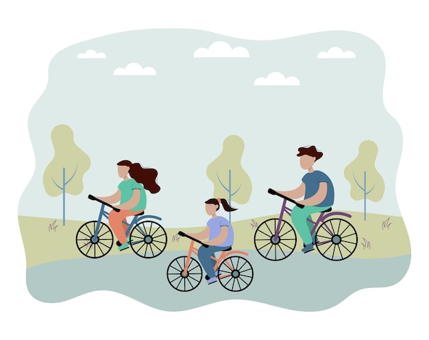 Family on a bike ride in the park Mom and child go through the park on bicycles Vector illustration