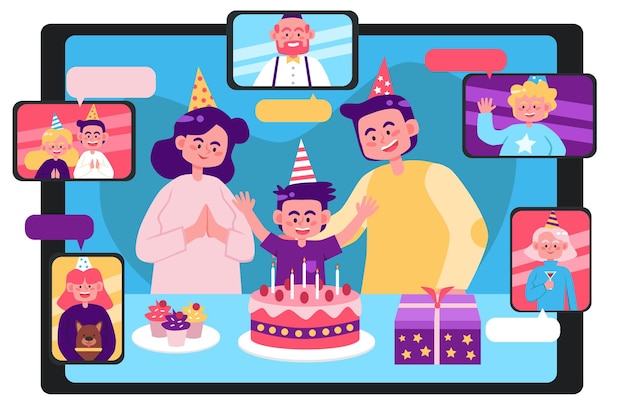 Family birthday party video call concept