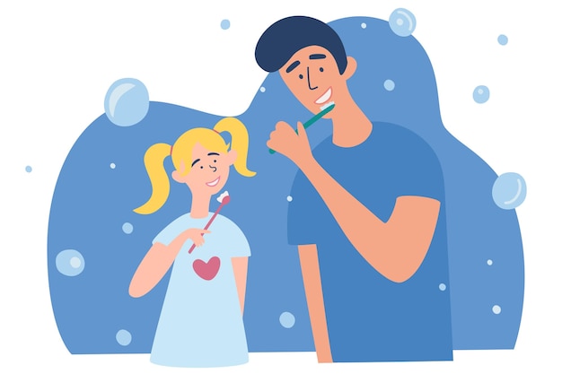 Family brush teeth. Father and daughter brush their teeth together. Happy family and health. Mouth Hygiene. Dental and orthodontic daily life vector illustration.