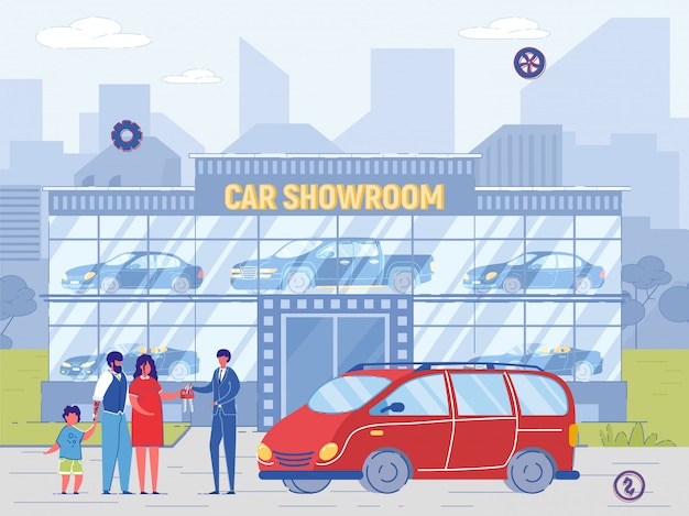 Family Buy Minivan at Car Showroom. Dealer Sell Car, Give Key to New Owner. Man and Woman with Child Purchase Automobile from Salesman Agent Illustration. Retail or Rent Auto Business