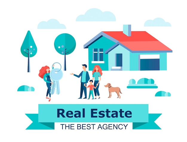 A family buys a house with the best real estate agency The agent passes the keys to the owners