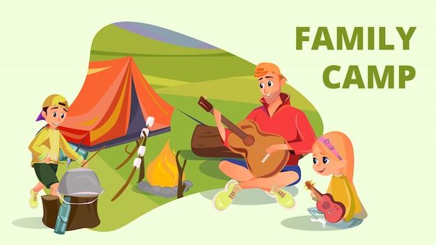 Family Camp Cartoon Father Son Daughter Camping