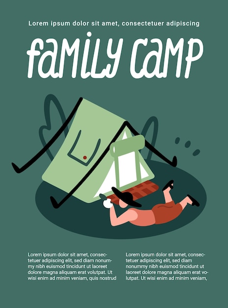 Family Camp. Event announcement, poster, cover, banner. Illustration of a man lying resting