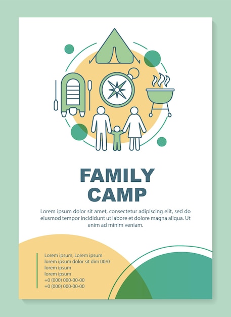 Family camping, hiking  forest trip brochure template layout. Flyer, booklet, leaflet print design with linear illustrations. Vector page layouts for magazines, annual reports, advertising posters