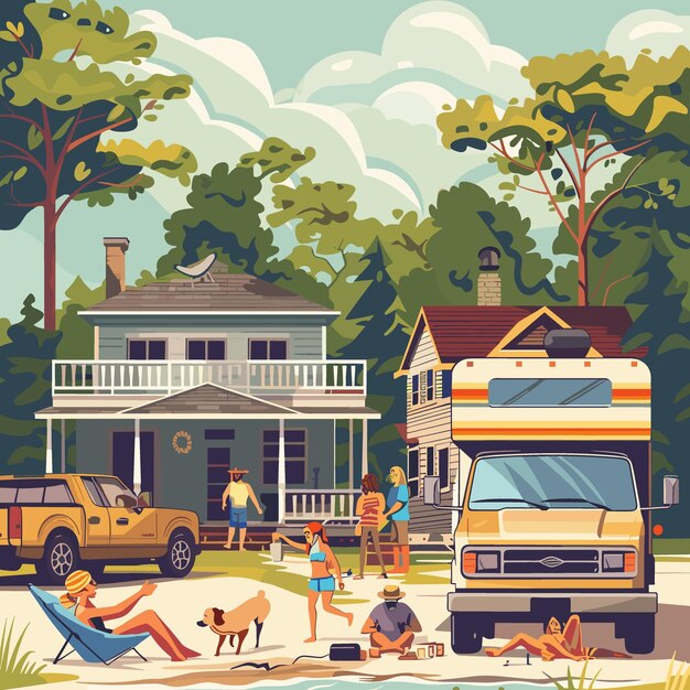 Family camping in nature Vector illustration in flat cartoon style Tourists and camper on the backgr