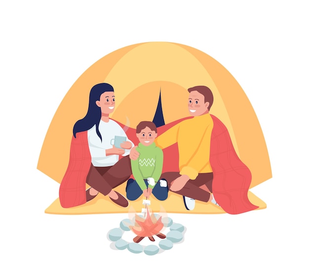 Family camping semi flat color vector characters