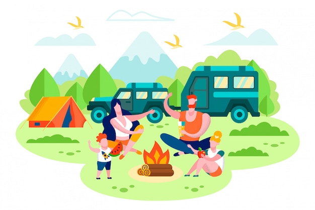 Family Camping with Car Trailer Vector Concept