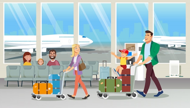 Family Carrying Baggage in Airport Cartoon Vector