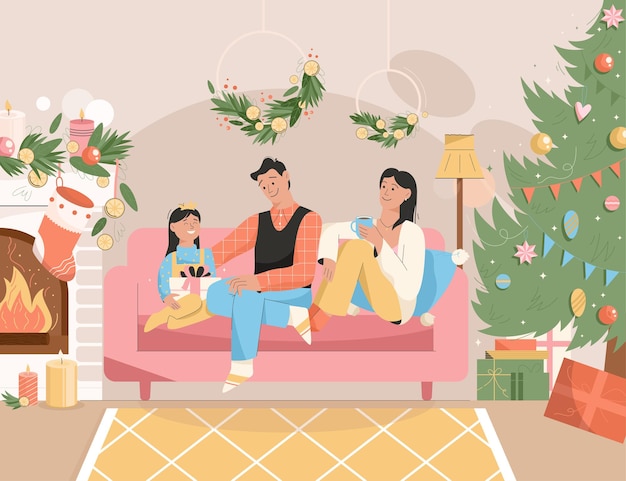 Family celebrating new year holiday at home scene