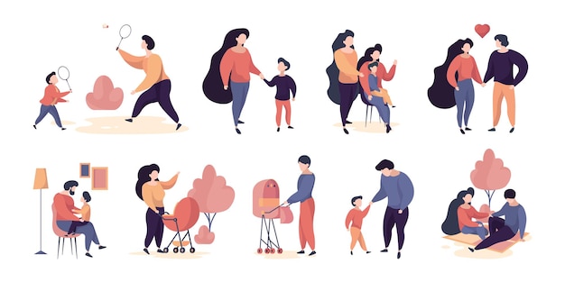 Vector family characters. adults people mother and father walking with kids casual clothes happy couples garish vector persons. mother and father spend time with kids illustration