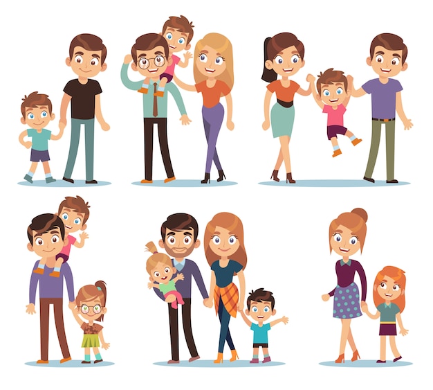 Family characters. Happy traditional families people relationship mother father kids grandma grandpa pet colorful cartoon set