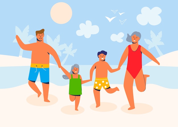 Family characters on summer vacation at the beach on a sandy shore and having rest at the seaside. Parents and children cartoon people. 