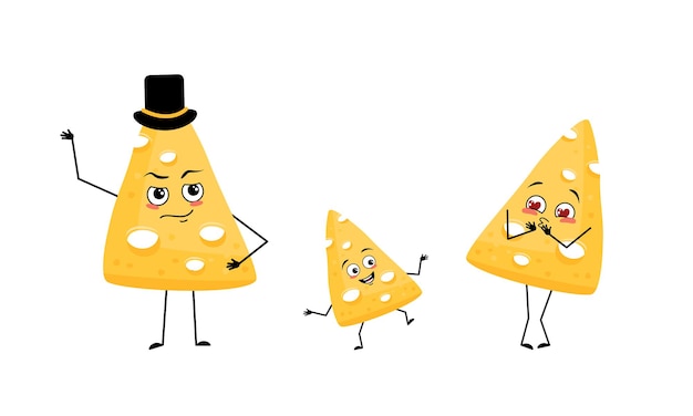 Family of cheese characters with joyful emotions smile face happy eyes arms and legs mom is happy da...