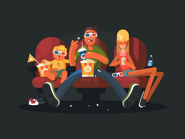 Family in the cinema watching movie. Vector illustration. Cartoon character. 3D glasses