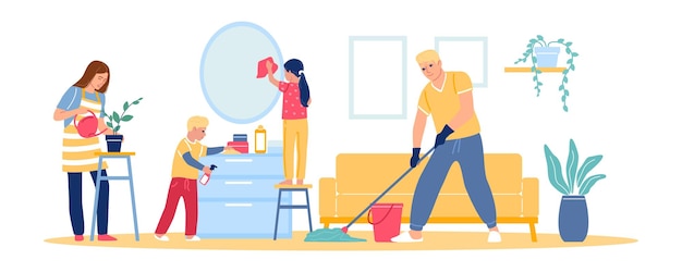 Family cleans at home. Mother, father, and kids clean up room. Couple with children do household chores. People vacuuming and mopping. Persons washing or dusting furniture. Vector housekeeping concept