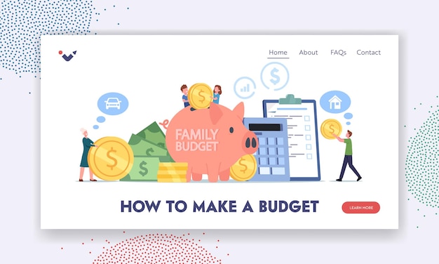 Family Collect Money for Budget Savings Landing Page Template. Mother, Father and Little Children Characters Stand at Huge Piggy Bank and Calculator with Gold Coins. Cartoon People Vector Illustration