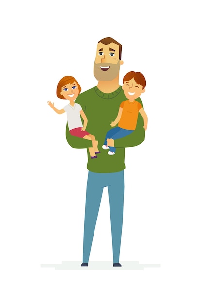 Family - colored vector modern flat illustration composition of cartoon people characters. Single parent. Father in a green sweater, two children, boy and girl. United and happy.