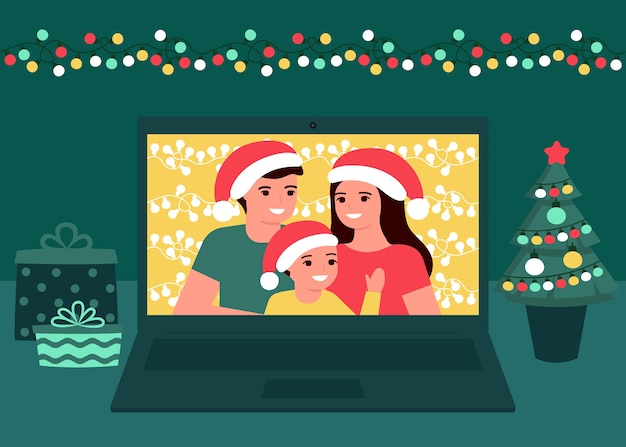 Family communication video online on Christmas holiday at home. Father, mother and child daughter greeting Christmas and New Year. Video call on computer, virtual meeting together.  illustration