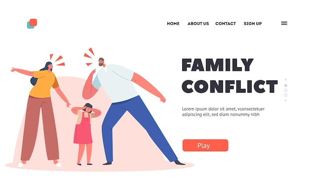 Vector family conflict landing page template angry parents figure out relations frightened child cover ears stand between them mother and father characters yell abuse cartoon people vector illustration