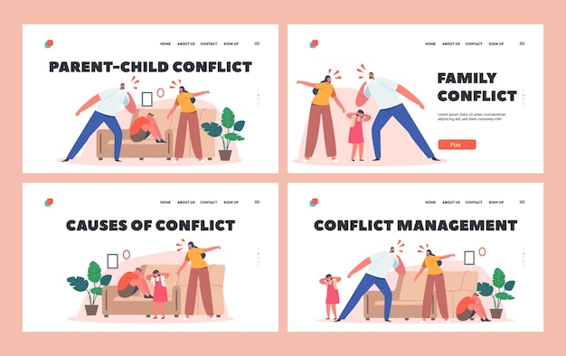 Family Conflict Landing Page Template Set Problems between Parents and Children  Characters Mother and Father Yelling