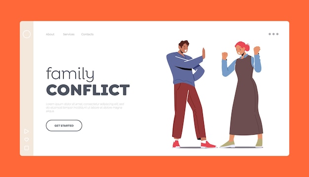 Family Conflict Quarrel Fighting Landing Page Template Couple Characters Arguing Shouting Blaming Each Other