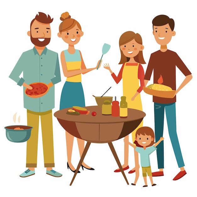 Vector a family cooking food in front of a barbecue with a child holding a knife and fork