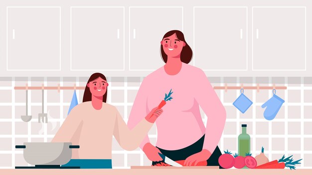 Vector family cooking in the kitchen in flat design