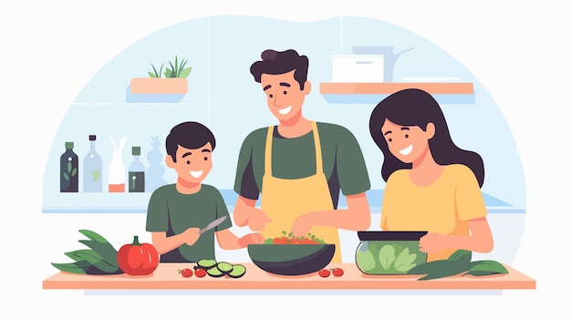 Vector family cooking together happy mother father son and daughter preparing vegetables