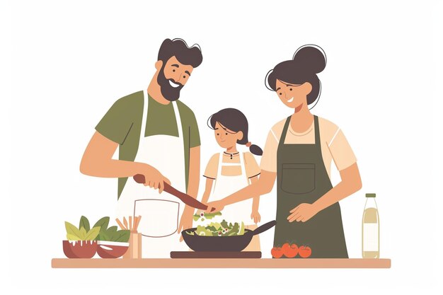 Vector family cooking together in kitchen