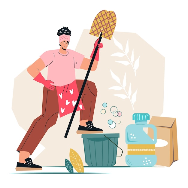 Family couple busy with household chores Married couple keeping house clean