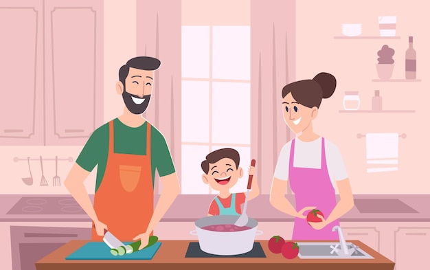 Family couple kitchen Kids with parents preparing food and serving table at kitchen exact vector cartoon background