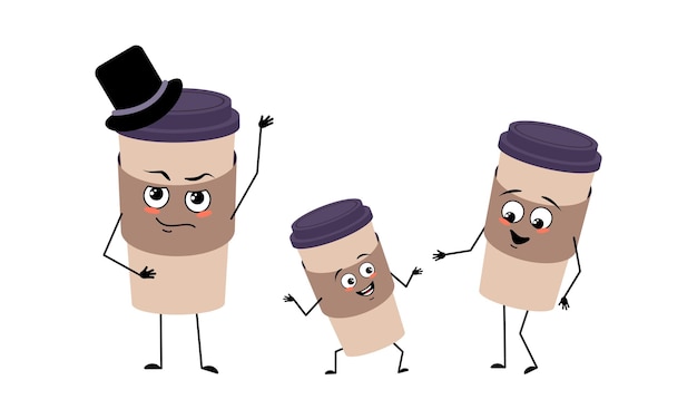 Family of cup of coffee with happy emotions, smile face, happy eyes, arms and legs. Mom is happy, dad is wearing hat and child is dancing. Vector flat illustration