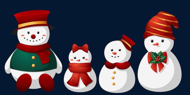 Family of cute cartoonstyle snowmen for kids Mom Dad brother and sister snowmen